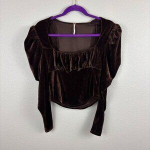 Free People Womens Brown Velvet Hold Me Puff Shoulder Panel Breast Top Size S